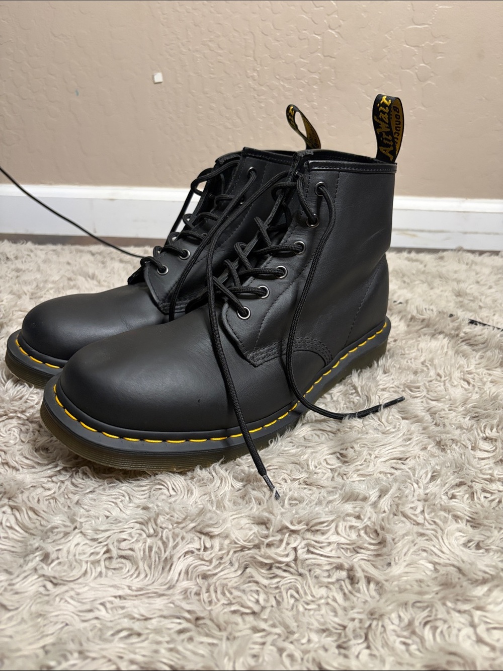 Dr. Martens Black Leather Lace-Up Boots with Yellow Stitching